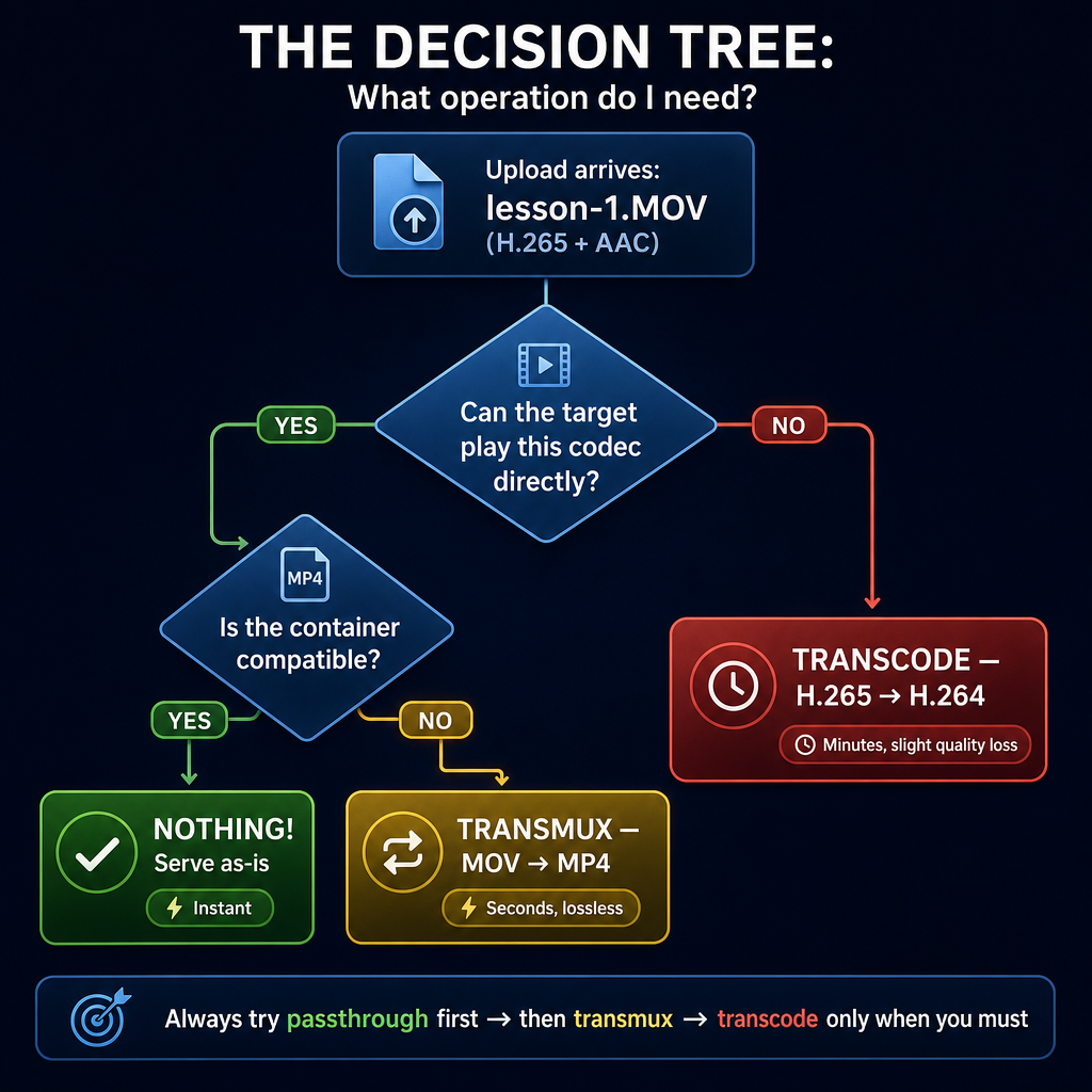 A beautiful flowchart on a dark background showing the video processing decisio…
