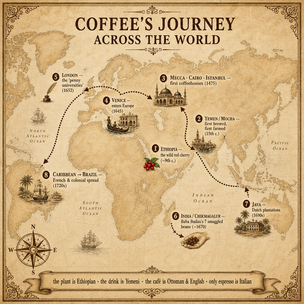 A clean horizontal timeline infographic on a warm cream background (#F5EFE6) ti…
