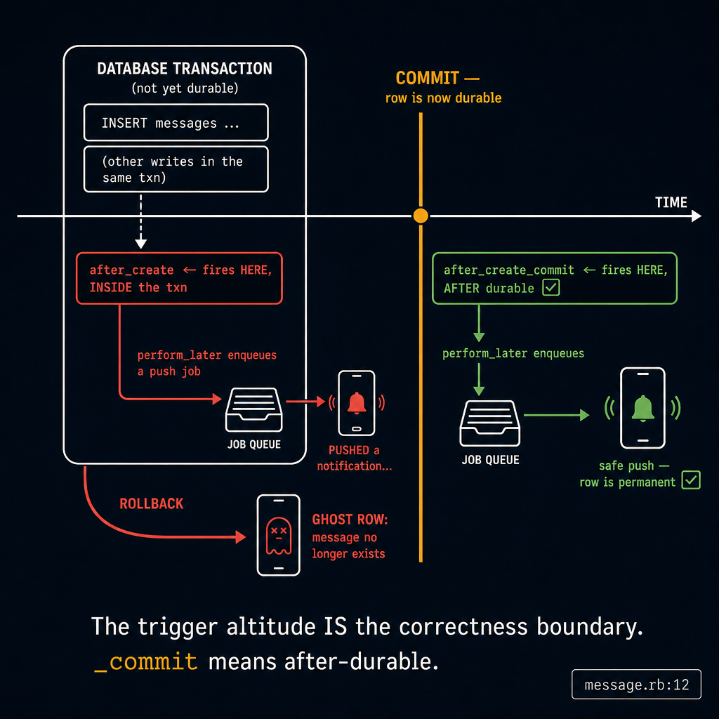 A precise technical timeline diagram, teaching-first, dark-slate background wit…