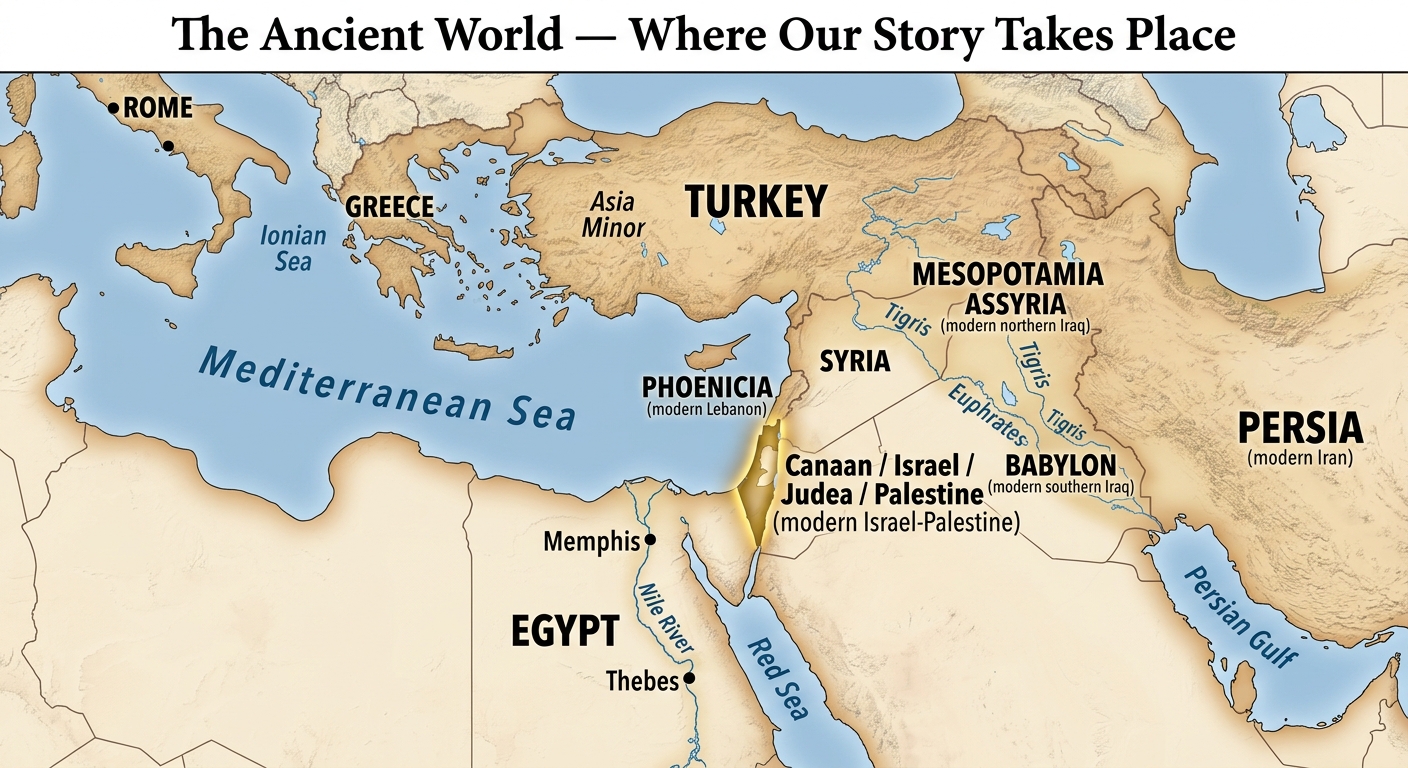 Map of the ancient Middle East — showing how tiny Israel/Palestine is compared to the empires that surrounded it: Rome, Egypt, Assyria, Babylon, and Persia
