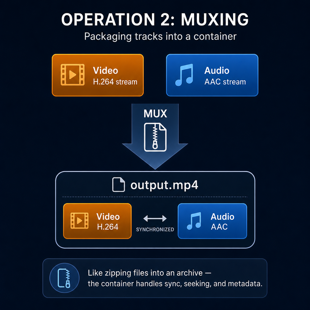 A clean diagram on a dark navy background showing the MUX operation. Title: "OP…