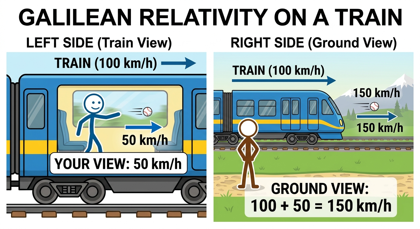 Galilean velocity addition on a train