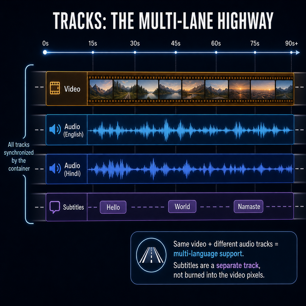 A beautiful diagram on a dark background showing tracks as parallel lanes on a …