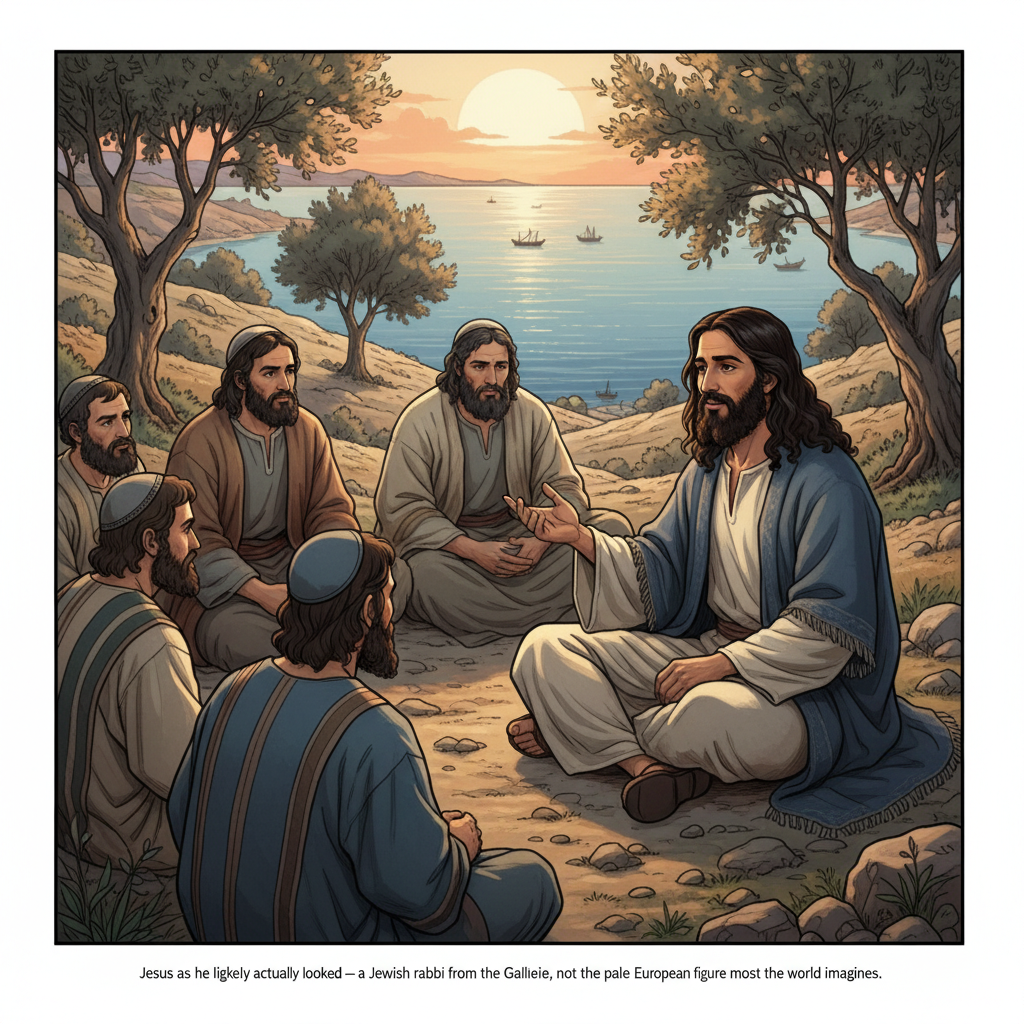 Jesus as he likely actually looked — a Middle Eastern Jewish rabbi teaching in the Galilee, not the pale European figure most of the world imagines