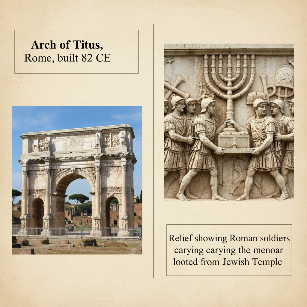 The Arch of Titus in Rome, with its famous relief showing Roman soldiers carrying the looted menorah from the destroyed Jewish Temple, 70 CE