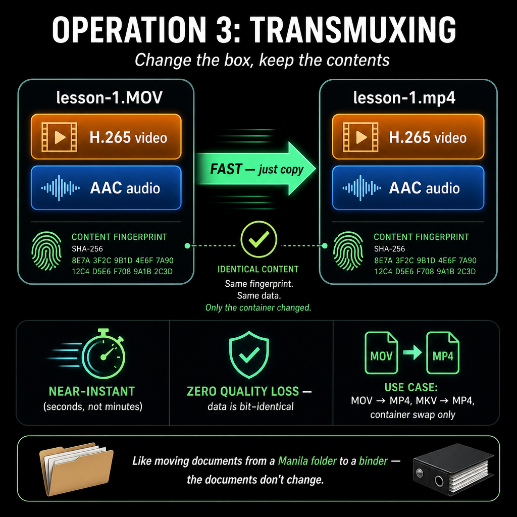A striking diagram on a dark background showing TRANSMUXING. Title: "OPERATION …