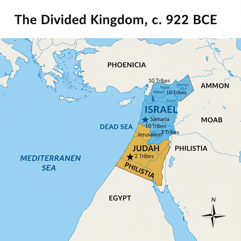Map of the Divided Kingdom — Israel (north) and Judah (south), c. 922 BCE