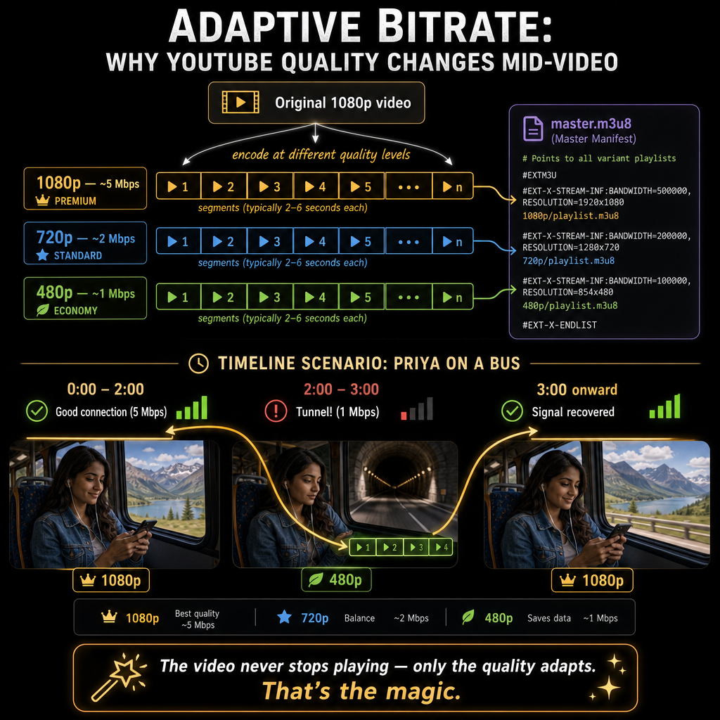 A stunning diagram on a dark background showing adaptive bitrate streaming. Tit…