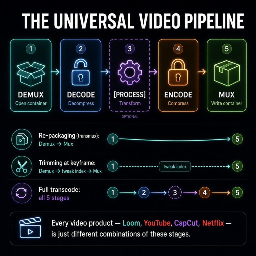 A diagram on a dark background showing the universal video processing pipeline.…
